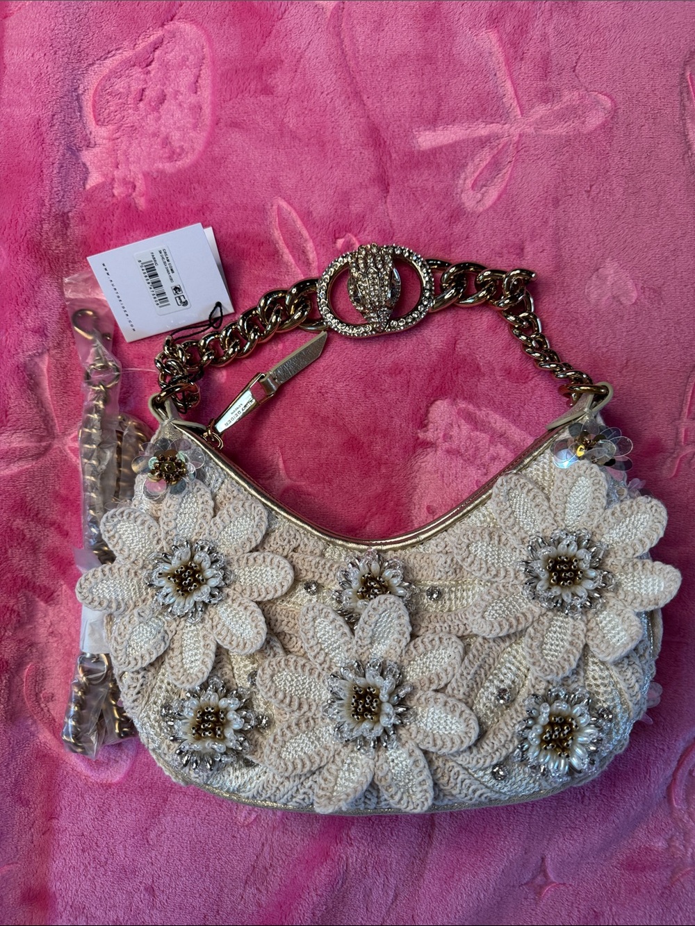 Kurt Geiger SW Chelsea Chain Hobo Cream Combo • NWT • 3D crochet Flowers